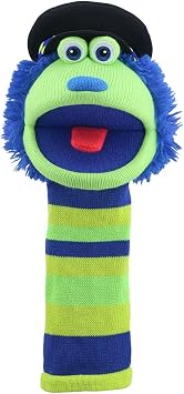 The Puppet Company Bobby ECO Sockette Hand Puppet - Eco-Friendly Policeman Puppet Toy with Squeaky Tongue -Interactive Fun for Kids & Adults - Blue Patchwork Design - 38cm