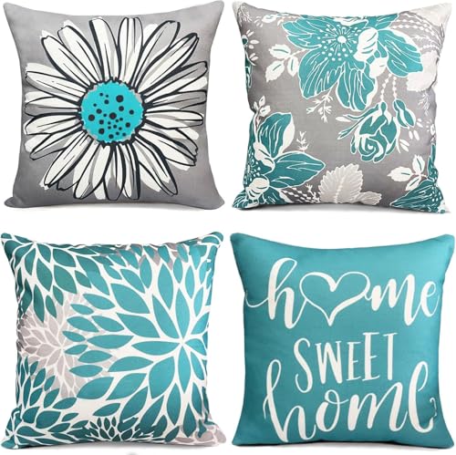 RYSMIYOU Decorative Throw Pillow Covers Set of 4 Teal Pillow Covers 18x18 inch Throw Pillow Cases Linen Square Pillow Case,Farmhouse Outdoor Modern Boho Pillow Covers for Couch Sofa Living Room