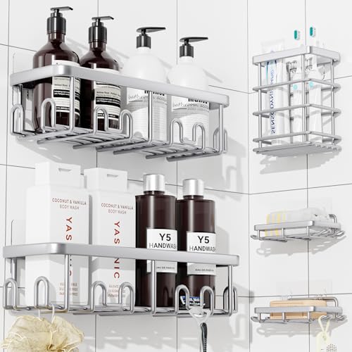 Image of YASONIC Shower Caddy Adhesive, 100% Rustproof Shower Organizer with Soap and Toothbrush Holder, Large Capacity Shower Shelves for Inside Shower, No Drill Shower Storage for Home (5 Pack Silver)