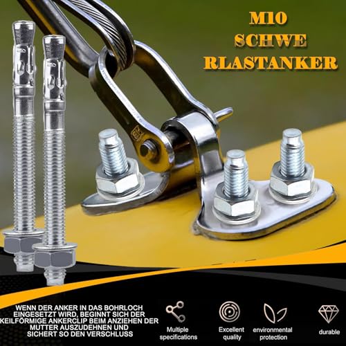12er Set Bolzenanker Schwerlastdübel, M10x110MM Schwerlast Bolzenanker Keilanker Blitzdübel, Ankerschrauben aus Verzinktem Stahl für Geländer, Fenster, Vorhangfassaden, Maschinen