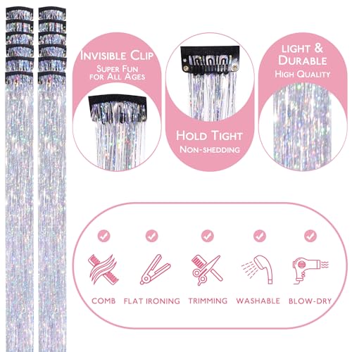 Image of WENNALIFE Hair Tinsel Clip In for Girls Silver, 12pcs 24 inch Clips Tinsel Hair Extensions Clip in Colorful Glitter Clips Sparkle Fairy Hair Accessories for Kids