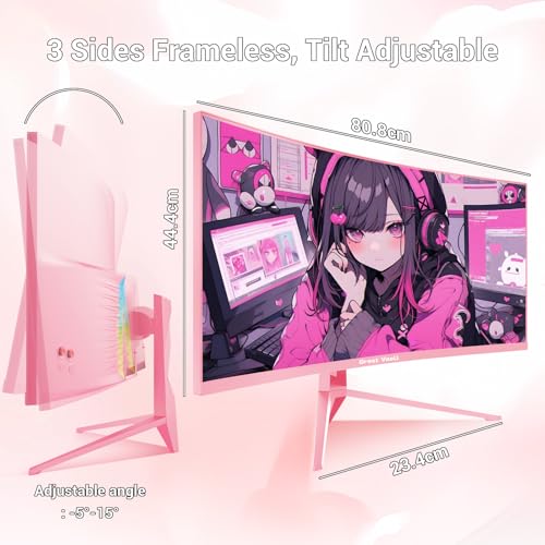 Image of Great voell 34 inch Pink Ultrawide Curved Gaming Monitor - 165Hz, UWQHD 3440x1440, 1500R, 1ms MPRT, HDR, FreeSync, 99% sRGB, HDMI & DP, VESA Mount, Eye Care