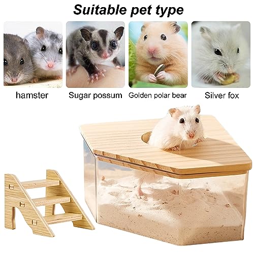 Nizirioo Transparentes Acryl-Sand-Badezimmer für Hamster Hamster Sandbadbox mit Leiter und Naturholzabdeckung und Schaufel, Haustier Hamster Badezimmer, für Hamster, Rennmäuse (Dreieck)
