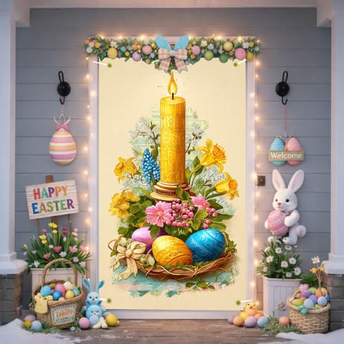 Image of Religious Easter Door Cover Candle and Eggs Banner Vintage Jesus Easter Door Decorations Home Party Outdoor Decor 35.4x71 Inch