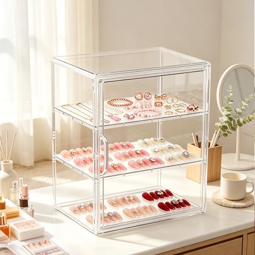 Image of Attelite Acrylic Display Case for Collectibles,Clear Storage Bin with 3 Adjustable Layers, Stackable Storage Box with Magnetic Door for Figures, Home Office,Large,3 Tier Clear Storage Bin,1Pack