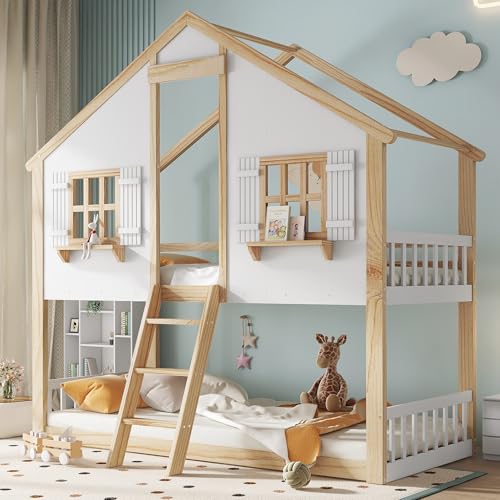 Zravenna Hochbett Hausbett 90x200 mit Schöne Fenster und Dach, Etagenbett für 2 Kinder mit Leiter und Sicherheitsgeländer, Bettrahmen aus Massiver Kiefer (Natur+Weiß-C, 90x200cm)