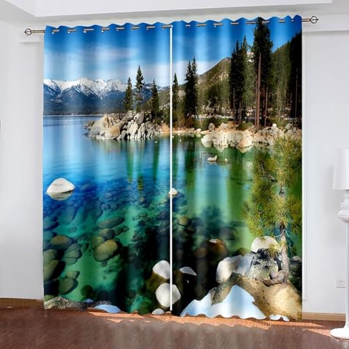 Cortinas de 84 pulgadas de largo con paisaje de montaña y bosque, juego de 2 paneles en azul y verde 2