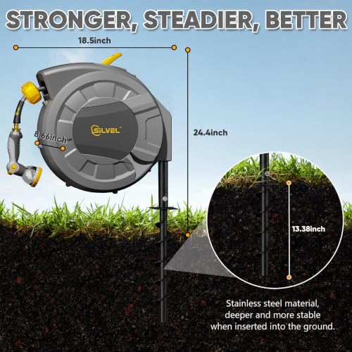 Image of SILVEL Automatic Retractable Garden Hose Reel on Metal Spike, 1 /2 in x 90FT Ground Mounted Outside, UV Resistant with 10 Pattern Nozzle, 360 Swivel, No Holes in Your House, Easy Installation, Yellow