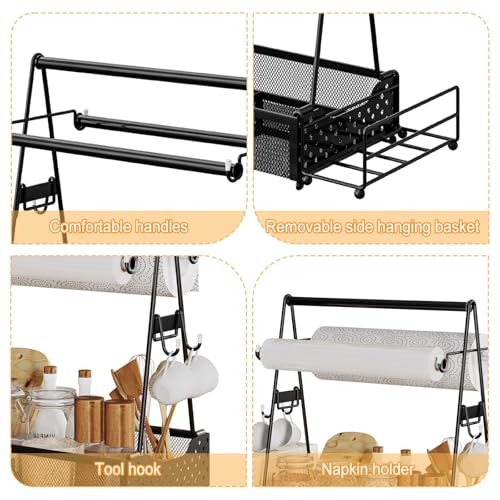 Grill Caddy, Grill Utensilienbehälter mit Papierhandtuchhalter und 4 Haken, Metall BBQ Caddy Campingzubehör Organizer für Küche Outdoor Grillzubehör