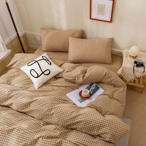 Image of LifeTB Gingham Comforter Set Full Modern Style Purple Yellow Grid Plaid Comforter Set Soft Fluffy Checkered Pattern Comforter with 2 Pillowcases Farmhouse Gingham Grid Bedding Comforter Breathable