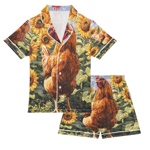 ALAZA Retro Chicken Sunflower Blossom Satin Pajamas Set Short Sleeve Button Down Sleepwear Summer Pjs 2 Piece