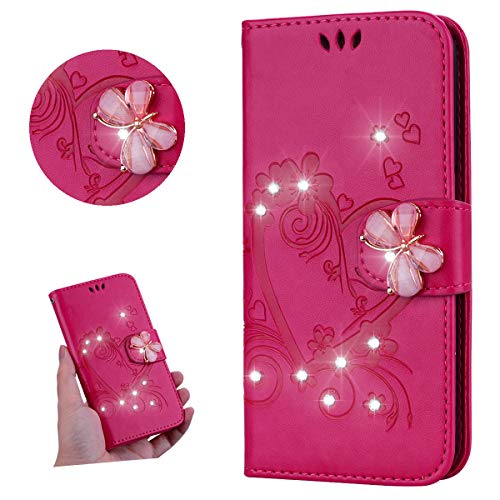 Miagon for Samsung Galaxy S10e Floral Wallet Case,Bling Crystal Diamond Butterfly Buckle Embossed Love Heart Pu Leather Kickstand Magnetic Clasp Protective Flip Cover
