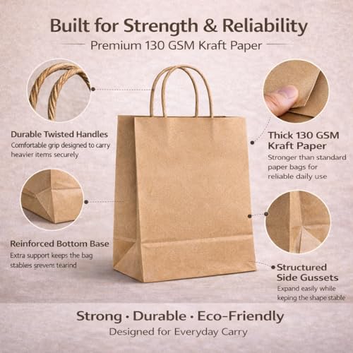Sacs en papier kraft avec poignées HURUC 18x24x8 cm pour emballage cadeau et commerce | Lot de 100