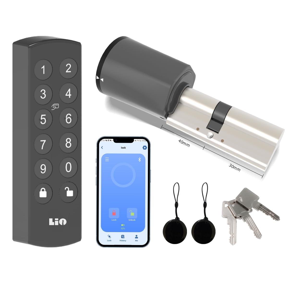Serrure Porte Connectée avec Clavier,Cylindre 30x40 | Accès via Code, Cartes, APP,Clés.Pour les portes Airbnb/Bureau/d'entrée/derrière/jardin