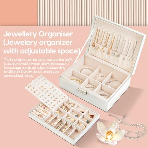 BULLA Jewellery Box, 2 Layer Jewellery Organiser with Lock, Jewellery Box for Women with Removable Tray, Earring Box for Necklace Earrings Rings Bracelets (White) - Cosy Home Interiors BULLA Jewellery Box, 2 Layer Jewellery Organiser with Lock, Jewellery Box for Women with Removable Tray, Earring Box for Necklace Earrings Rings Bracelets (White) - Image 2