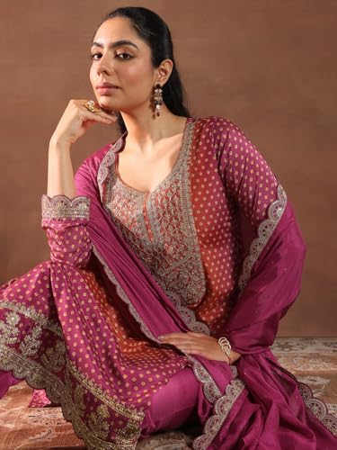 Image of Libas Printed Silk Blend Straight Kurta With Trouser and Dupatta