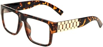 Metal Links Watch Band Square Hip Hop Sunglasses Brown Tortoise & Gold Frame, Clear