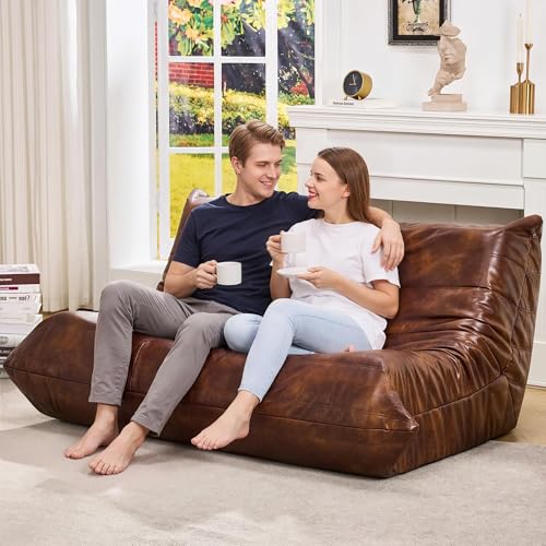 Image of Hobestluk Bean Bag Chair Giant Bean Bag Sofa 2 Seater Bean Bag Chairs for Adults, Loveseat Floor Chair, Leather Bean Bag Chairs for Living Room Bedroom Dorm (Brown, Loveseat)