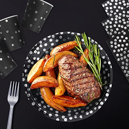 140Pcs Black And Silver Party Supplies ,Silver Dot Disposable Party Dinnerware - Black Paper Plates Napkins Cups, Silver Plastic Forks Knives Spoons For New Year Wedding Graduation Party Decoration #TOP2