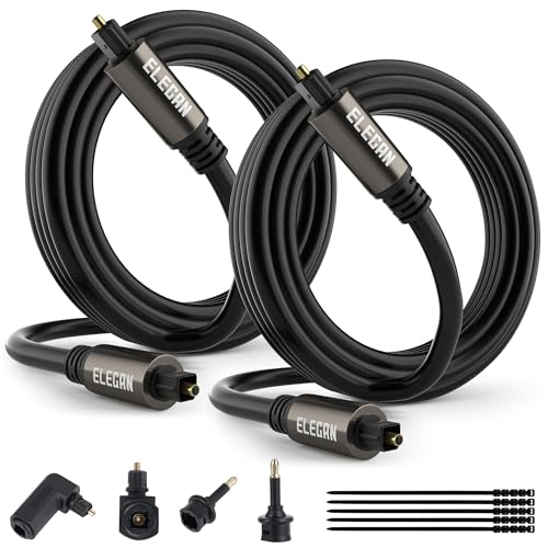 Elecan Optical Audio Cable 8 Ft/2 Pack Digital Audio Toslink Cable Cord-Fiber Optic-Gold Plated-Flexiable&Durable-for Home Theater,Sound Bar,PS4& Xbox-with Right Angled+Mini Toslink Adapters+Ties