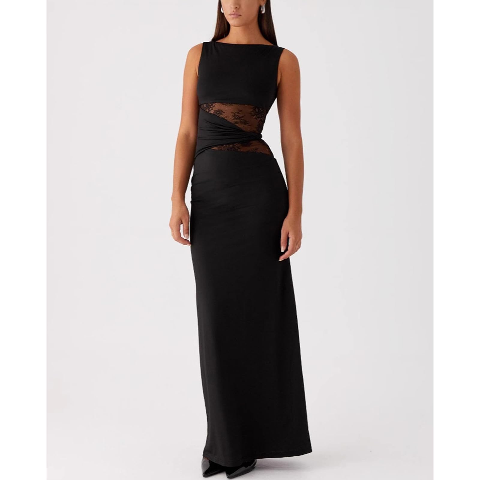 Robe Femme Sexy sans Manches Robes Longue Moulante à Col Rond Maxi Robe Transparente Dentelle Patchwork Robes de Cocktail Chic et Elégant Bodycon pour Clubbing Prom Fête Mariage Invité