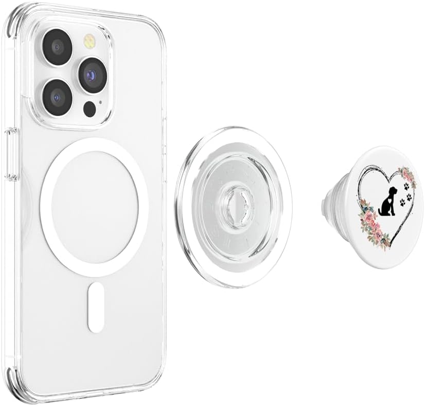 Puppy Heartbeat With Paw Prints And Flowers On White PopSockets PopGrip for MagSafe
