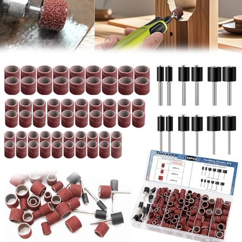 Sunxeke Sanding Drum Set for Most Rotary Tools-Includes 120 Aluminum Oxide Sanding Sleeves for Drum Sanders(120Grit) and 12 Drum Mandrels-Sanding Bits Tool Accessories with Box