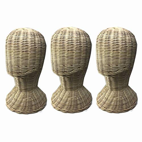 3 pieces Rattan Mannequin Head Stand 11 Height Mockup Display Showcase Hat Cap Hair Wig Stand Holder Handmade Wicker Handicraft Exhibition Salon Barber Shop Beautician Hairdresser Hair Stylist Demo