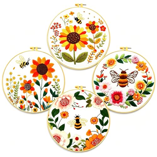 Image of Zhenqing Bees & Flowers Embroidery Kit 11.4x11.4cm - 4-Piece Complete Cross Stitch Set with Pre-Printed Fabric, Threads, Hoop, Needles & Instructions | DIY Craft for Adults, Beginners-Friendly (C0046)