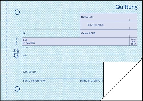 AVERY Zweckform 306-5 Quittungsblock (A6 quer, 2x50 Blatt, mit Durchschlag, fälschungssicher, separat ausgewiesene MwSt., für Deutschland und Österreich) 5er Pack weiß