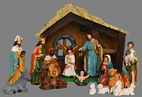 Image of KariGhar Resin Crib Set Idol Statue for Christmas Nativity Scene, Pack - Crib House, Mary, Joseph, Baby Jesus, Angel, 3 Wise Men, the Shepherd, 7 Animals, Set of 16 Pieces, 5 Inch