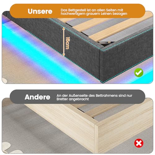 Brinlawb Bett 90x200 mit Lattenrost aus Holz, Bettgestell 90 x 200 cm mit LED Beleuchtung, Gästebett Jugendbett 90x200 cm Einzelbett Schwebebett mit Grauem Leinen, perfekt für Schlafzimmer Gästezimmer