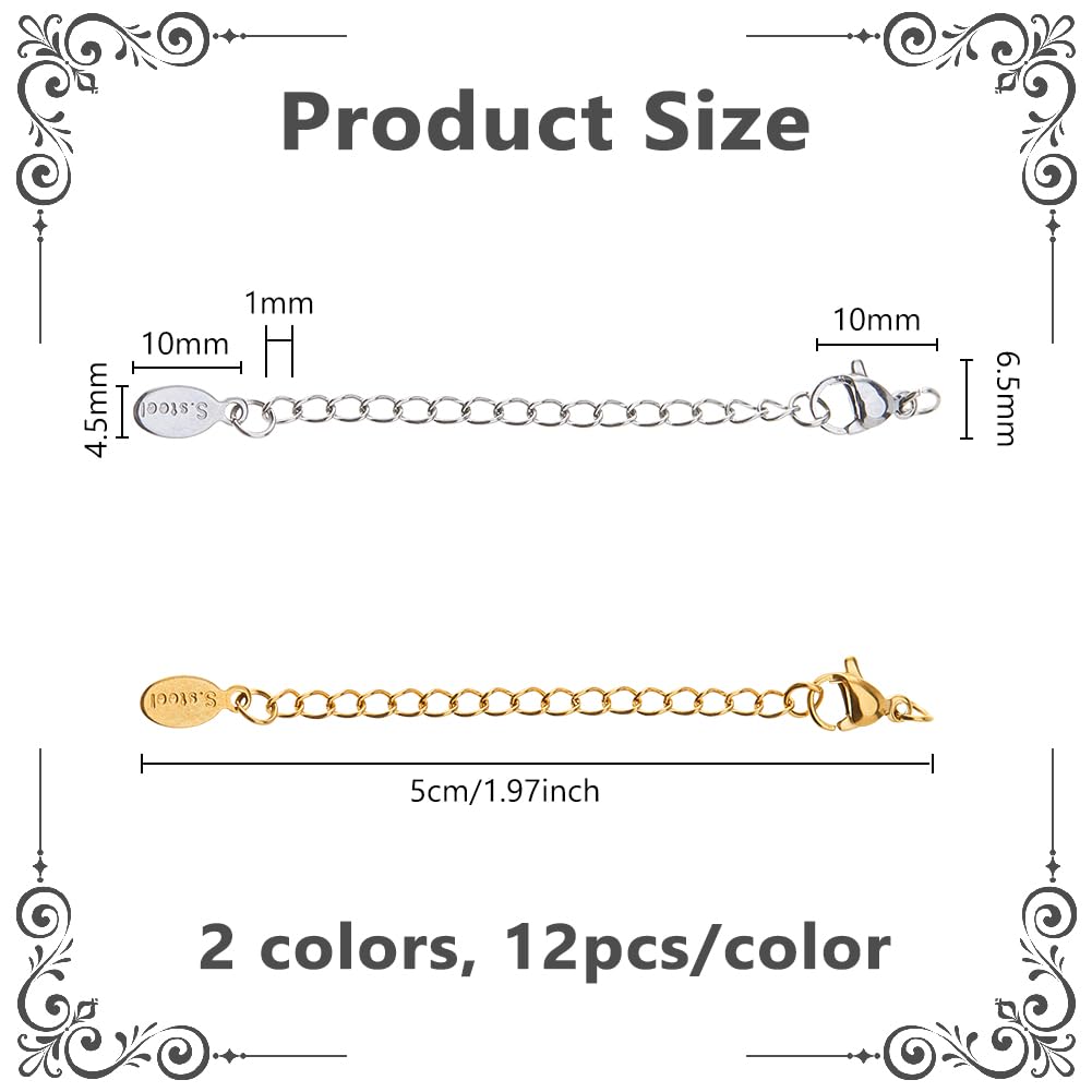 DICOSMETIC 24 pezzi 2 Colori Bracciale Extender Bulk Lunga Catena di Estensione in Acciaio Inox con Chiusura a Catena a Maglia e Catena in Metallo con Goccia d'acqua