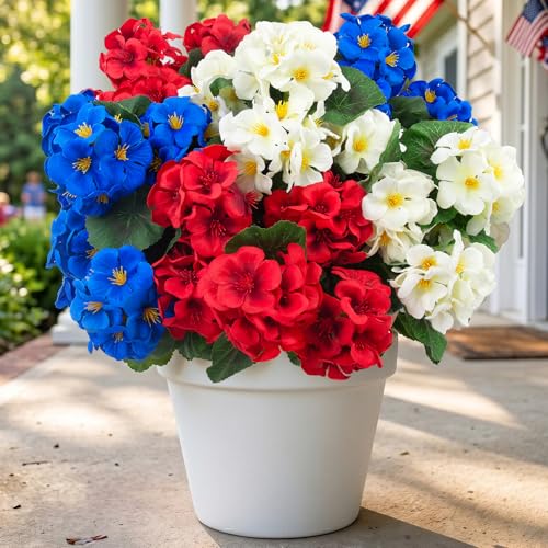 Hananona 6 Pcs Artificial Geranium Flowers for Outdoors Geranium Silk Flowers Outdoor UV Resistant Plants Faux Patriotic Flowers for 4th of July Home Kitchen Table Centerpieces Decor (6 RedWhiteBlue)
