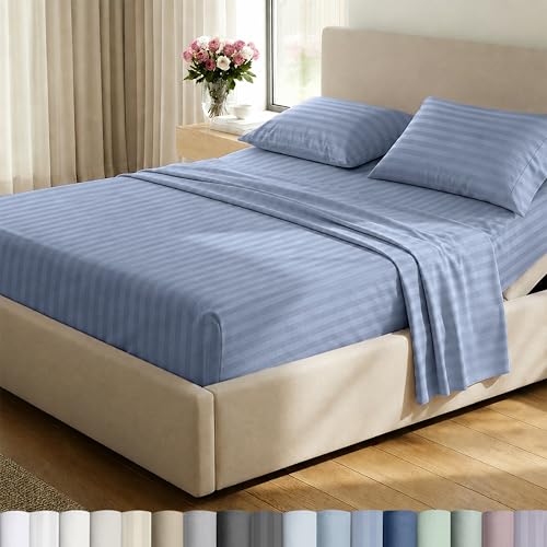 Image of Luxury Split King Sheets Set For Adjustable Bed, 100% Cotton 500 Thread Count Sateen, Snug Fit, Set with Twin-XL Fitted Sheets, Damask Stripe Bedsheets (Split King, Stripe - Light Blue)