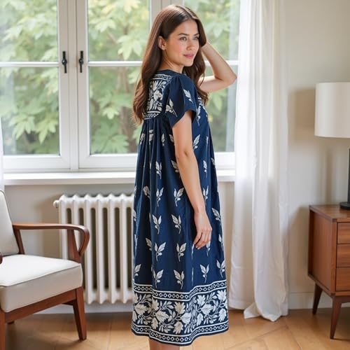 Loungees Short Sleeve Royal Monotone Lounge House Dress Caftan - 3 Button Bib Yoke and Pockets3