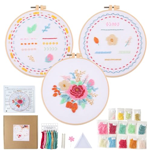 Myfelicity Bead Embroidery kit with Floral Patterns Colorful Thread Sets and Instructions Suitable for Beginners and Adults Box Packaging