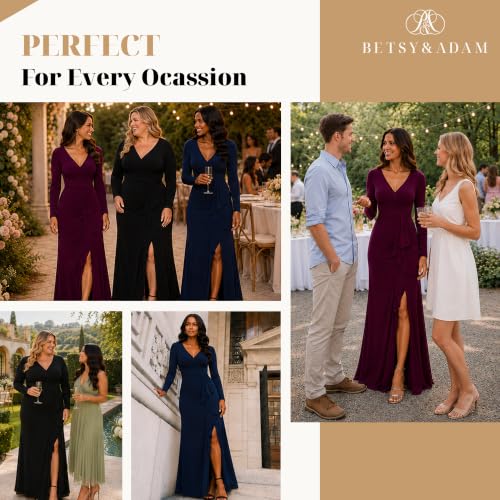 Image of Betsy & Adam Women's Long Sleeve V-Neck Jersey Knit Formal Evening Gown with Side Slit and Cascading Ruffle Detail