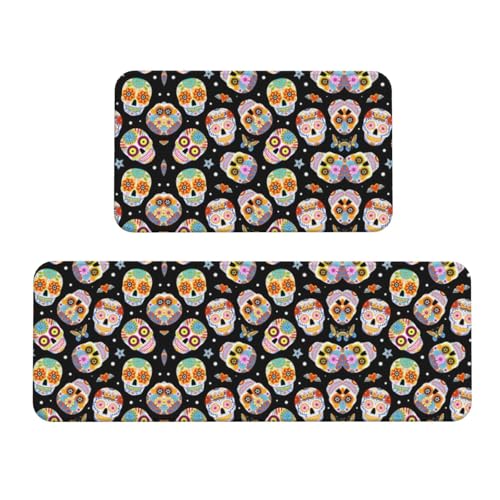 Hingor Juego de 2 alfombras de cocina con estampado de calaveras de azúcar, antideslizantes, de poliéster 123, lavables, cómodas, para cocina, lavandería, fregadero, oficina