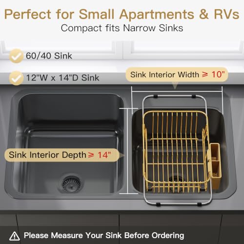 Image of JASIWAY Gold Dish Drying Rack in Sink with Utensil Holder, RV, Apartment