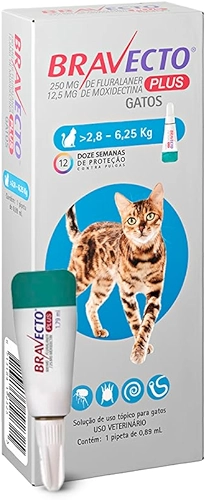 Bravecto® Plus Gatos Transdermal 250mg - Antipulgas, Sarna de ouvido, Vermes intestinais - Gatos de 2,8 a 6,25kg - 1 Pipeta 0,89ml - MSD Saúde Animal