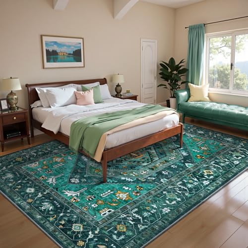 SERISSA Washable Rugs 6x9 Area Rugs, Large Non-Slip Boho Living Room Teal Rug, Ultra Soft Vintage Print Distressed Oriental Tribal Farmhouse Carpet for Dining Room Bedroom Dorm Office Home Decor