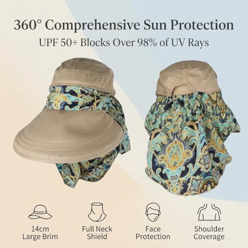 Image of PALAY Hats for Women UPF 50+ Anti-UV Wide Brim Foldable Sun Visor Hat with Detachable Top & Neck Scarf, Large 14cm Brim, Lightweight Canvas Fabric, Summer Beach Outdoor Protection (Floral)