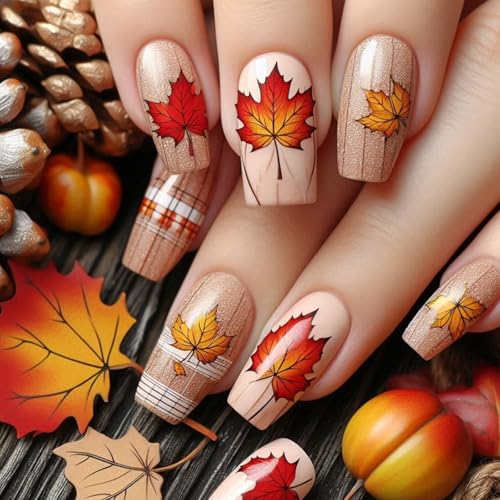 Fall Press on Nails Medium Square Fake Nails Maple Leaf False Nails...