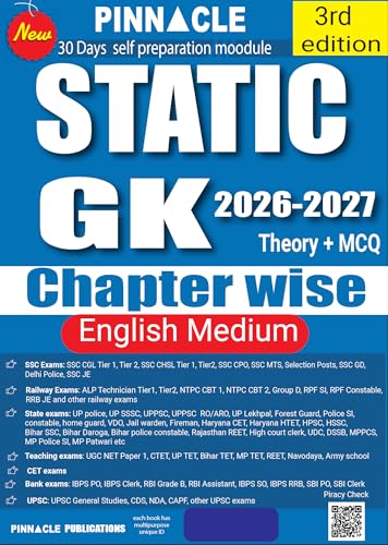 Image of Pinnacle Static GK 2026-27 | English Medium | Chapterwise ( Theory + MCQ ) | 1800+ Questions | SSC, Railway, State Exams | 3rd Edition
