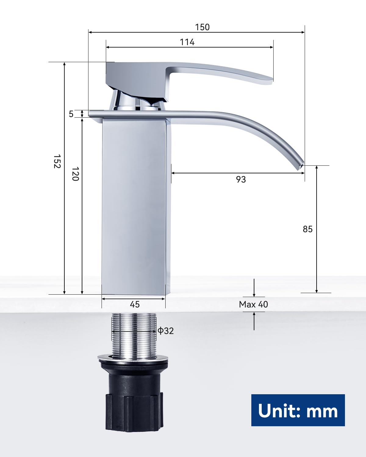 CECIPA Wasserhahn Bad, Wasserfall Wasserhahn Bad Edelstahl Waschtischarmatur Wasserfall mit Auslauf Höhe 85mm Waschbecken Armatur Chrom Einhebelmischer Warm und Kalt wasser Mischbatterien | Für Kalt- und Warmwasser, Einhandbedienung, DVGW Zertifiziert, Ke