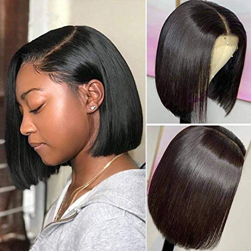 Bob Wigs For Black Women Human Hair Bob Wigs Straight Lace Front Wigs Human Hair Pre Plucked 150% Density Brazilian Hair with Baby Hair(14 Inch Natural Color)