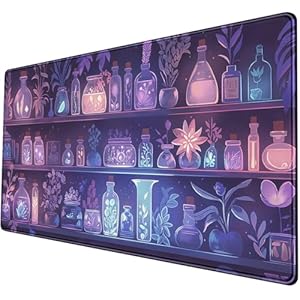Tapete de escritorio con hierbas brillantes de bruja, morado, rosa, azul, estante de plantas botánicas encantadas, alfombrilla grande para mouse, almohadilla de escritorio mística XL para juegos