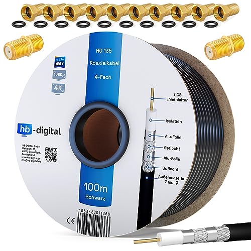 HB-DIGITAL 100m cable coaxial SAT HQ135 PRO incl. 2X conector F + 10x enchufe F dorado GRATUITO | Cable de antena satélite cuádruple apantallado para sistemas DVB-S/S2 DVB-C/C2 DVB-T/T2 DAB+Radio BK