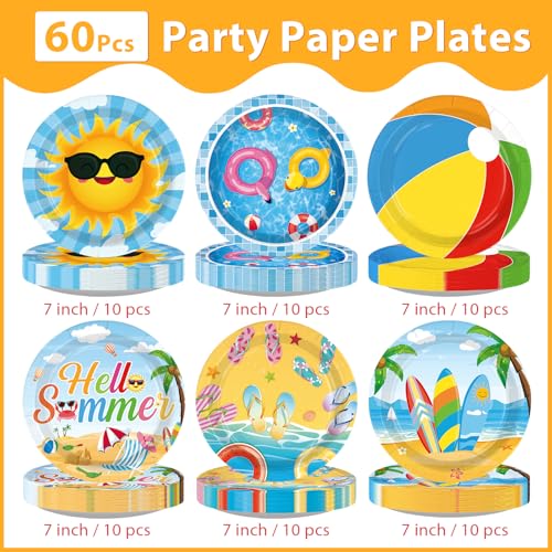 Image of 60 Pcs Beach Pool Party Paper Plate 7 inch Heavy Duty for Summer | Beach Hawaii Theme Disposable Dessert Cake Platters for Luau Hawaii Swimming BBQ Birthday Party Supplies Decorations